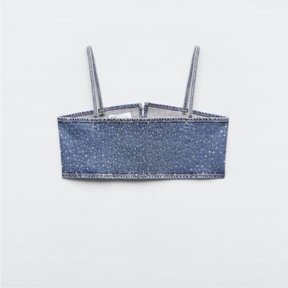 Zara Blue Denim Rhinestone Embellished Crop Top - Picture 5 of 12